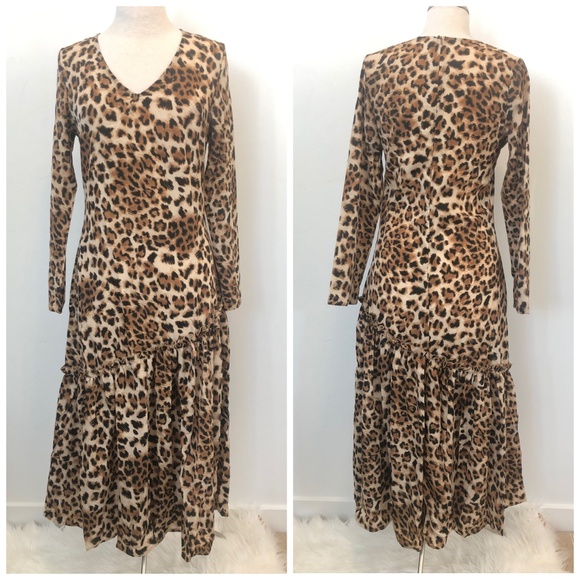 Leopard Print V Neck Ruffle Maxi Long Sleeve Dress !LAST ONE! - Picture 6 of 8